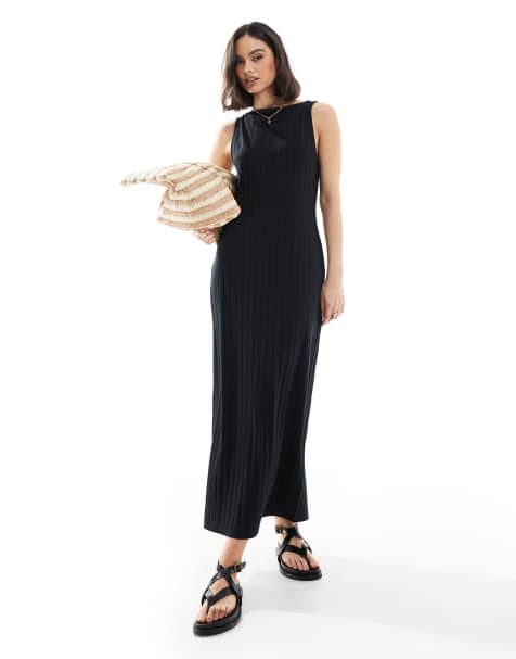 ASOS DESIGN - Robe mi-longue et sans manches avec larges côtes et encolure bateau - Noir - view 1