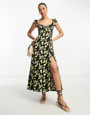 ASOS DESIGN - Robe mi-longue fendue devant en viscose avec encolure en cœur et imprimé citrons | ASOS