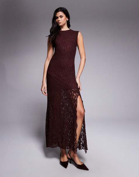 ASOS DESIGN - Robe mi-longue fendue en dentelle à mancherons - Chocolat - view 1