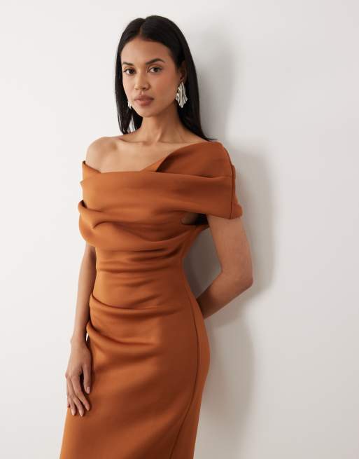 ASOS DESIGN - Robe mi-longue fendue en imitation néoprène à encolure Bardot - Marron, 2 de 4