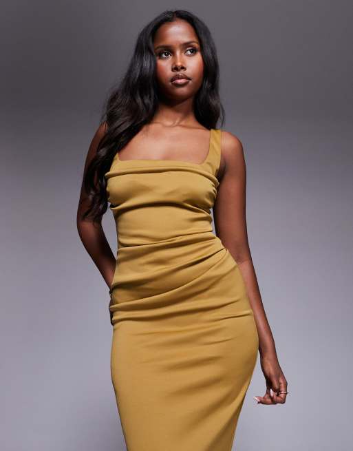 ASOS DESIGN - Robe mi-longue fendue en imitation néoprène avec encolure incurvée - Bronze, 4 de 4