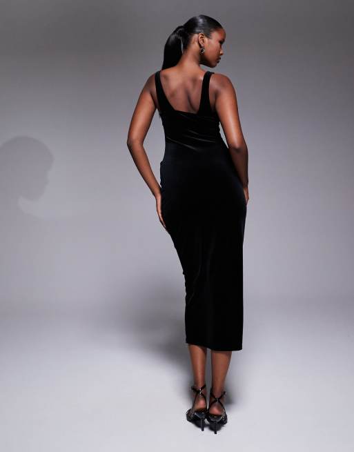 ASOS DESIGN - Robe mi-longue fendue en velours avec encolure incurvée - Noir, 4 de 4