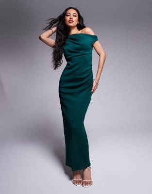 ASOS DESIGN - Robe mi-longue fendue sur le côté en néoprène à épaules dénudées - Vert bouteille