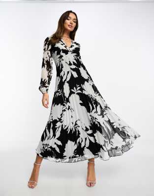 ASOS DESIGN - Robe mi-longue fleurie à décolleté plongeant et corsage  plissé - Noir et blanc | ASOS