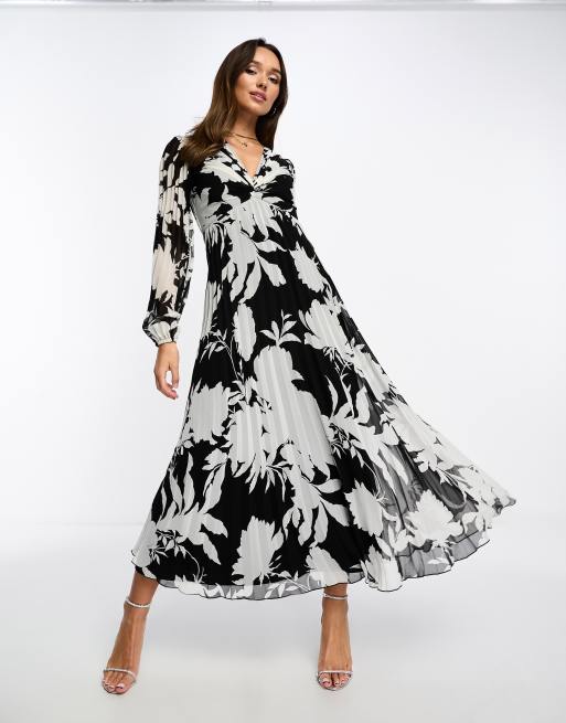 ASOS DESIGN Robe mi longue fleurie d collet plongeant et corsage pliss Noir et blanc