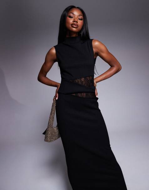 ASOS DESIGN - Robe mi-longue froissée à col montant avec découpes et empiècements en dentelle - Noir - view 1