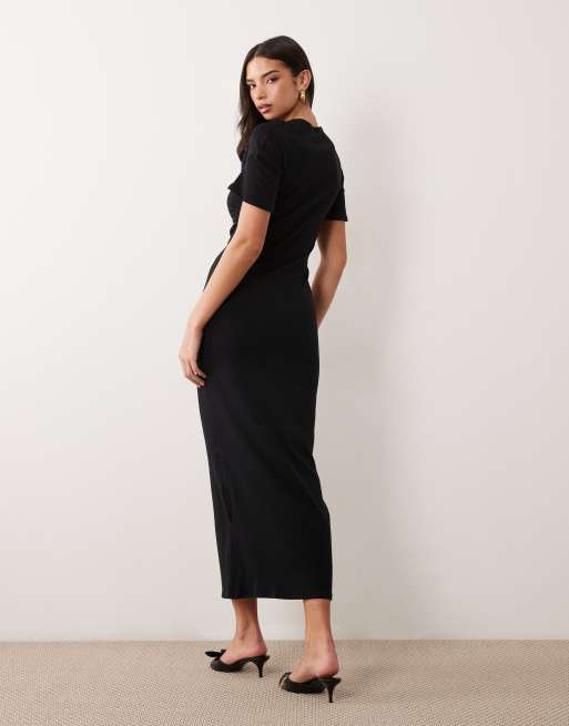 ASOS DESIGN - Robe mi-longue froncée à col V - Noir, 4 de 4