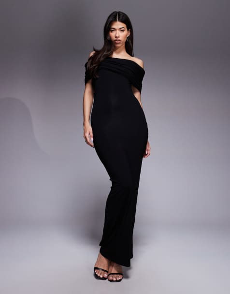 ASOS DESIGN - Robe mi-longue froncée à encolure bardot plongeante - Noir - view 1