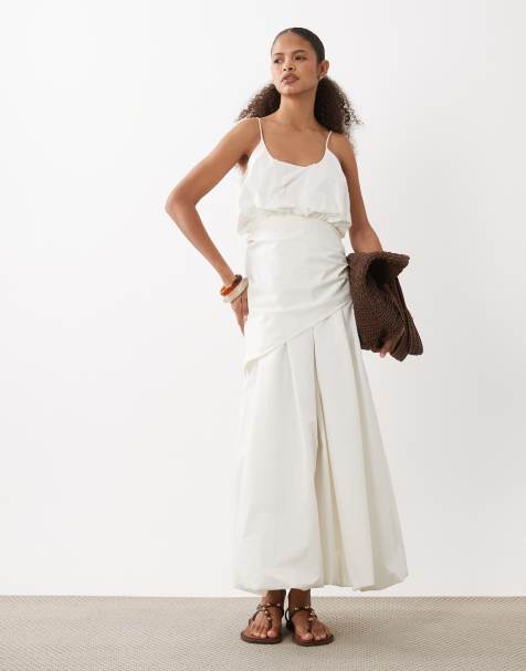 ASOS DESIGN - Robe mi-longue froncée à encolure dégagée, ourlet boule et bretelles fines - Taupe - view 1