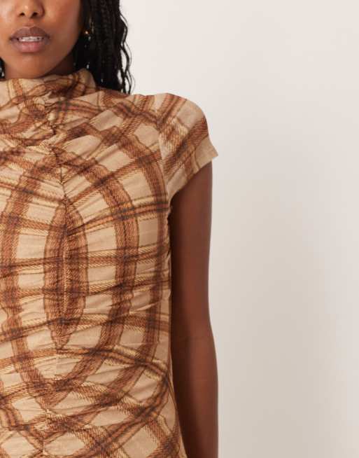 ASOS DESIGN - Robe mi-longue froncée en tulle à carreaux avec manches courtes, 2 de 4