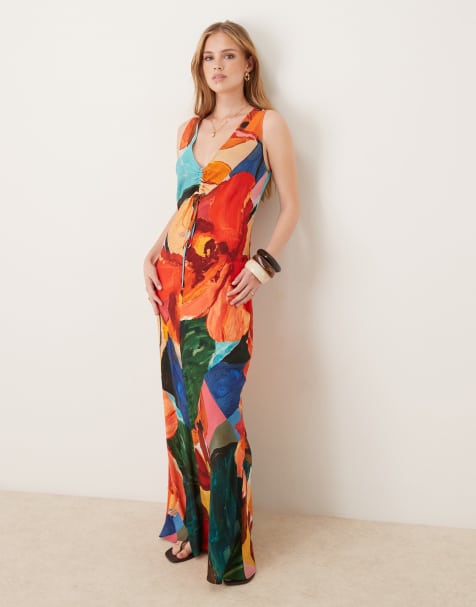 ASOS DESIGN - Robe mi-longue froncée et nouée à col V - Imprimé fleurs abstraites - view 1