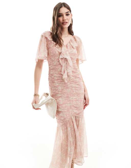 ASOS DESIGN - Robe mi-longue froncée près du corps avec jeu de transparence sur le bas - Rose fleuri, 4 de 4