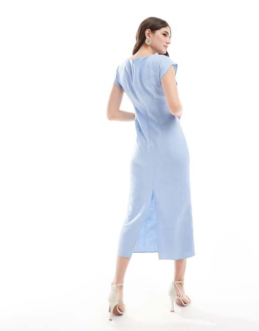 ASOS DESIGN Robe mi longue froncee sur le devant a mancherons et fente goutte d eau Bleu ciel