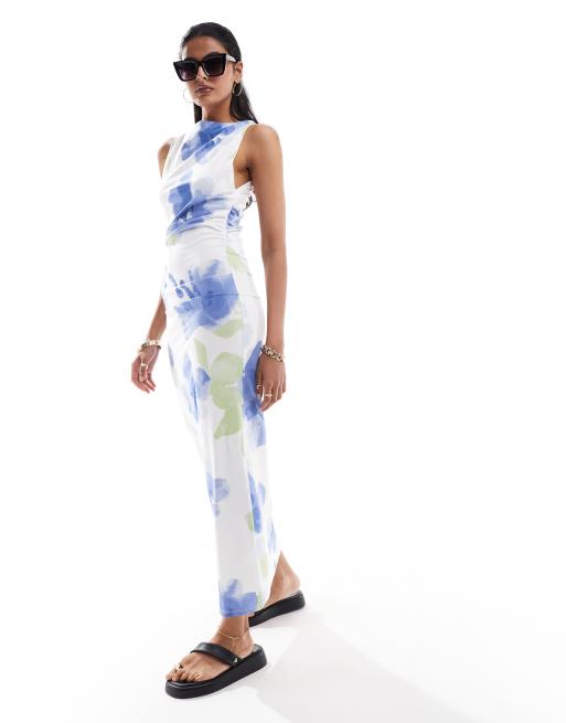 ASOS DESIGN - Robe mi-longue froncée sur les côtés à encolure bateau avec imprimé marguerites - Multicolore