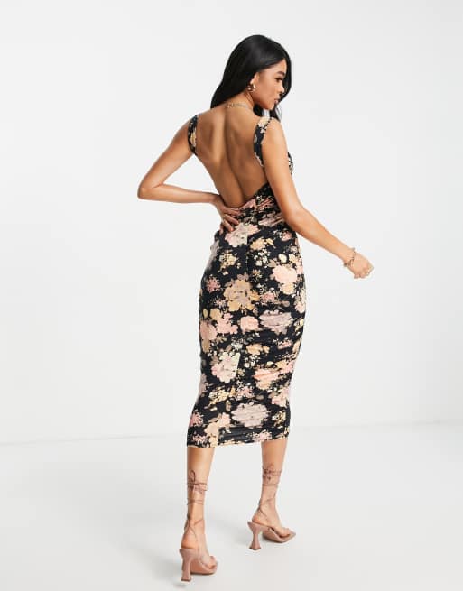 ASOS DESIGN Robe mi longue fronc e sur les c t s avec encolure en c ur et imprim fleurs d hiver