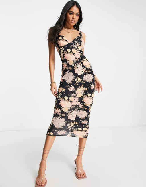 ASOS DESIGN Robe mi longue fronc e sur les c t s avec encolure en c ur et imprim fleurs d hiver