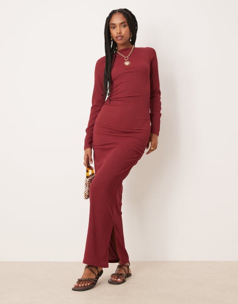 ASOS DESIGN - Robe mi-longue froncée texturée à encolure bateau et manches longues - Bordeaux - view 1