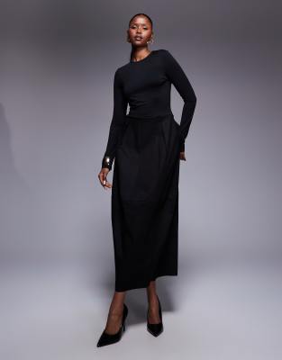 Robe mi-longue hybride à manches longues et jupe cocon - Noir XS