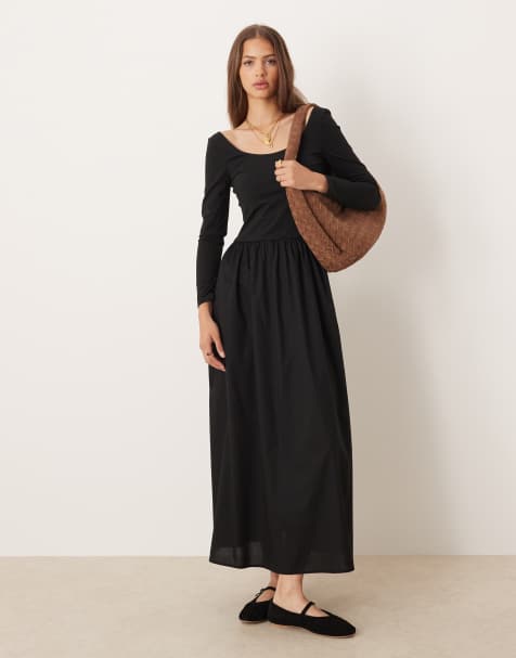 ASOS DESIGN - Robe mi-longue hybride à manches longues - Noir - view 1