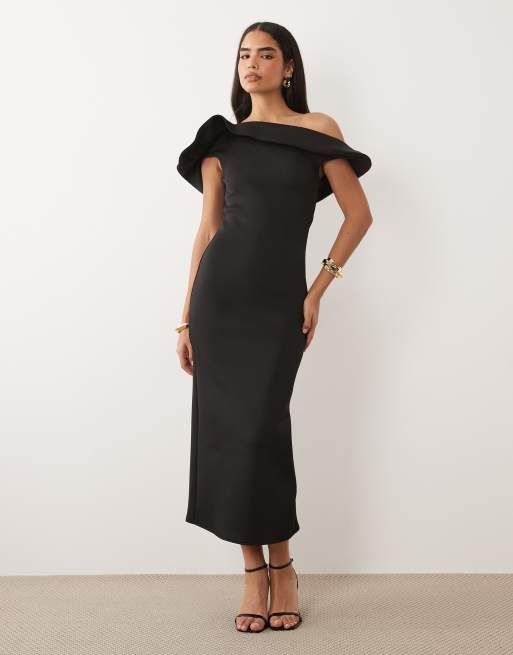 ASOS DESIGN - Robe mi-longue imitation néoprène à encolure Bardot prononcée et corsage dans le dos - Noir, 2 de 4