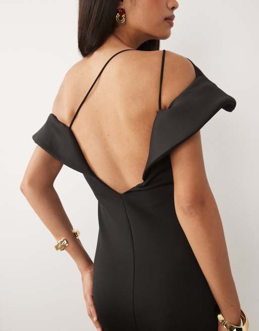 ASOS DESIGN - Robe mi-longue imitation néoprène à encolure Bardot prononcée et corsage dans le dos - Noir, 3 de 4