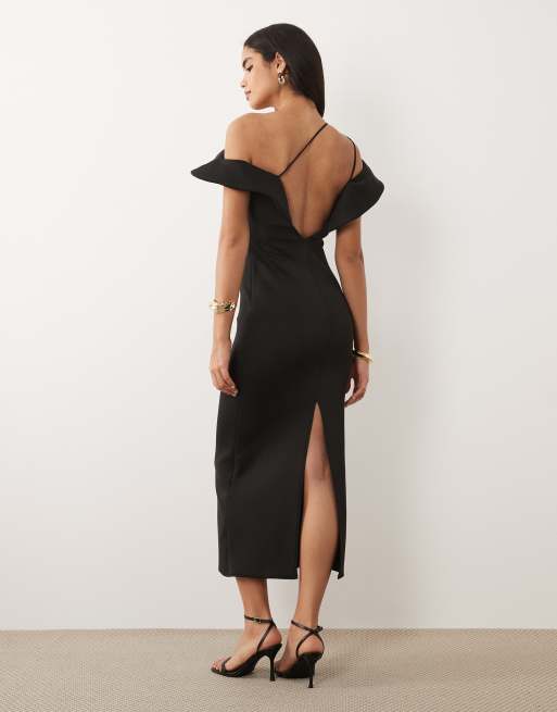 ASOS DESIGN - Robe mi-longue imitation néoprène à encolure Bardot prononcée et corsage dans le dos - Noir, 4 de 4