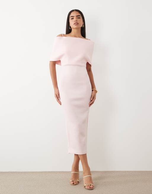 ASOS DESIGN - Robe mi-longue imitation néoprène avec encolure Bardot prononcée et cape dans le dos - Rose, 3 de 4