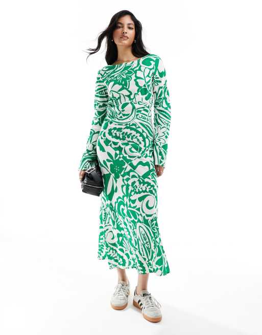 ASOS DESIGN - Robe mi-longue imprimée en viscose avec encolure bateau et dos en V - Vert