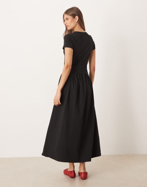 ASOS DESIGN - Robe mi-longue manches courtes avec détail taille basse - Noir, 3 de 4