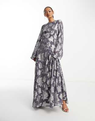 ASOS DESIGN - Robe mi-longue métallisée à manches longues avec poignets volantés - Gris | ASOS