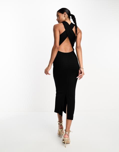 ASOS DESIGN - Robe mi-longue minimaliste dos nu croisée dans le dos - Noir - view 1