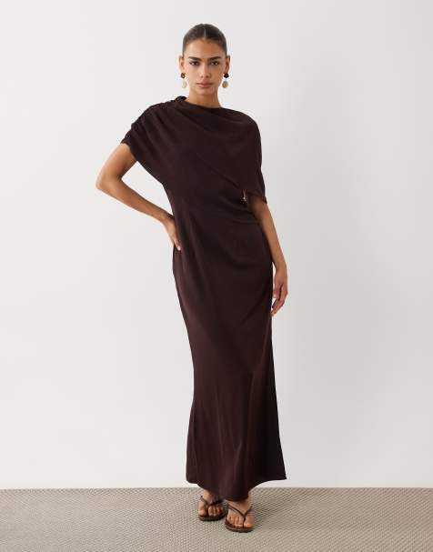 ASOS DESIGN - Robe mi-longue moulante à épaules tombantes - Chocolat - view 1