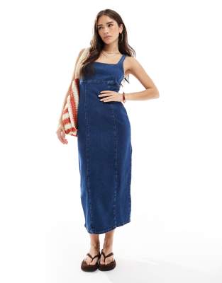 ASOS DESIGN - Robe mi-longue moulante en denim à encolure carrée - Indigo-Bleu marine
