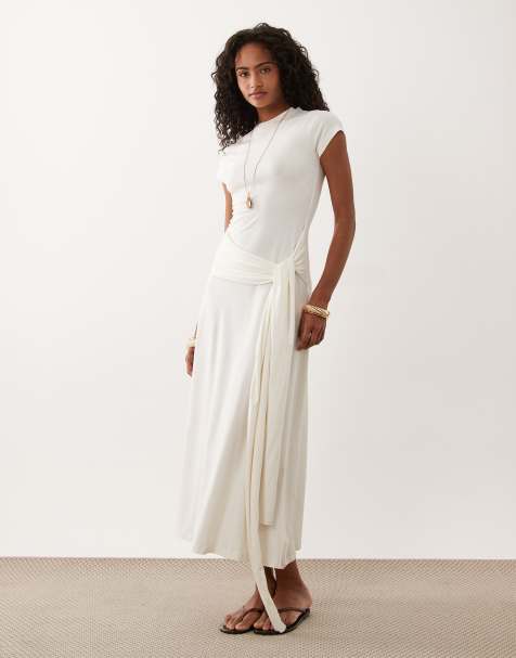 ASOS DESIGN - Robe mi-longue nouée à la taille à manches courtes - Crème - view 1