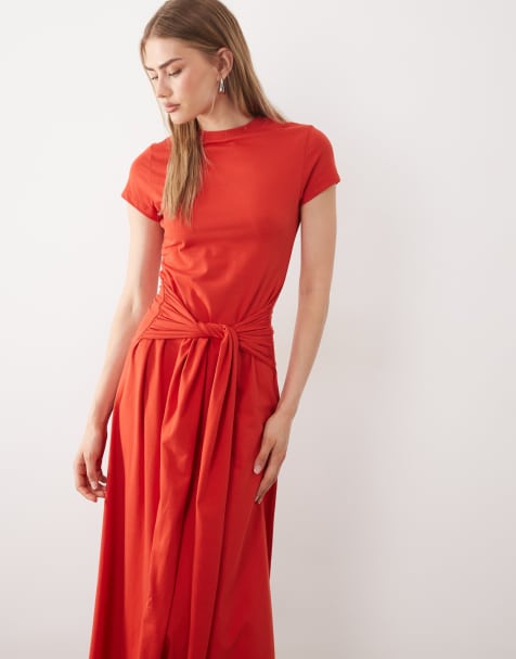 ASOS DESIGN - Robe mi-longue nouée à la taille à manches courtes - Rouge - view 1