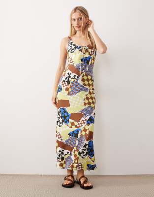 Robe mi-longue nouée devant à encolure dégagée - Imprimé fleurs et carreaux-Multicolore 36