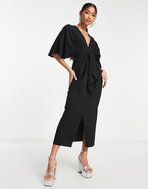 ASOS DESIGN - Robe mi-longue nouée devant en crêpe à décolleté plongeant et manches chauve-souris - Noir , 4 de 4