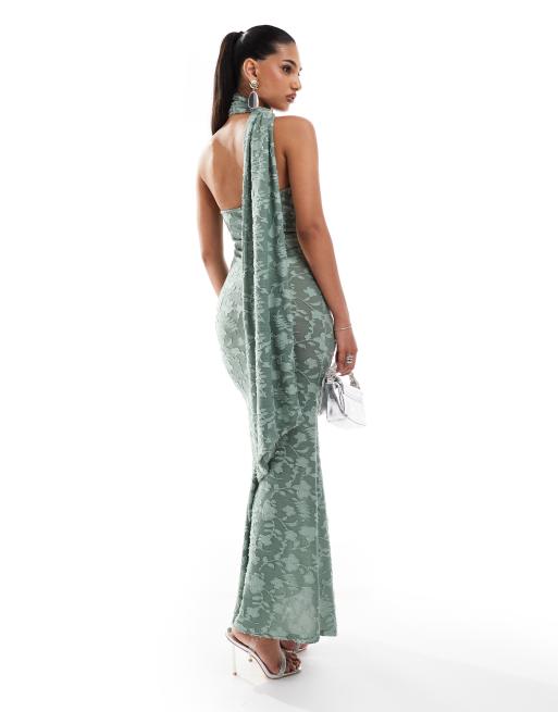 ASOS DESIGN - Robe mi-longue nouée en dévoré avec col montant et jupe à détail torsadé - Vert, 2 de 4