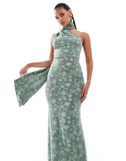 ASOS DESIGN - Robe mi-longue nouée en dévoré avec col montant et jupe à détail torsadé - Vert, 3 de 4