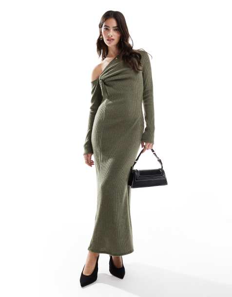 ASOS DESIGN - Robe mi-longue nouée et torsadée en tissu côtelé ultra-doux - Kaki - view 1
