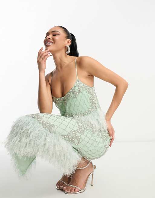 ASOS DESIGN - Robe mi-longue ornée de plumes synthétiques à la taille - Menthe