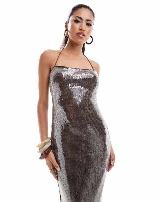 ASOS DESIGN - Robe mi-longue ornée de sequins transparents à encolure carrée et bretelles croisées - Chocolat, 2 de 4