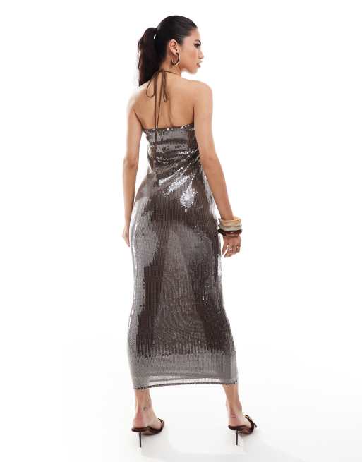 ASOS DESIGN - Robe mi-longue ornée de sequins transparents à encolure carrée et bretelles croisées - Chocolat, 3 de 4