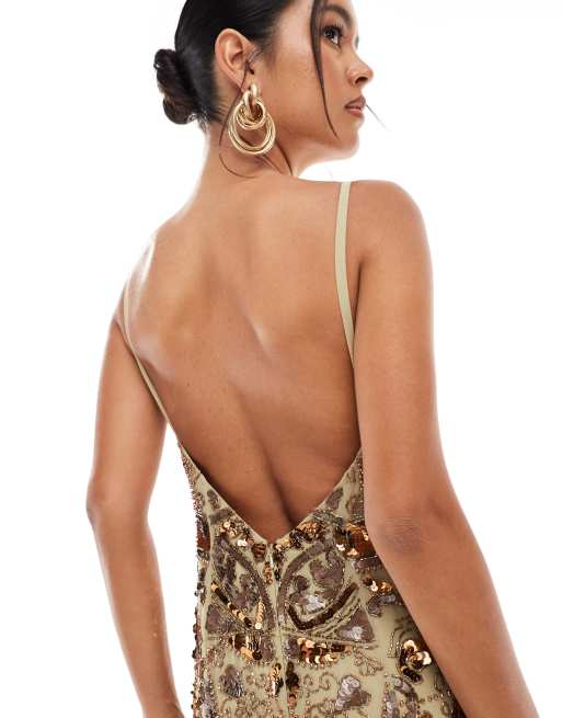 ASOS DESIGN - Robe mi-longue ornementée à encolure carrée avec dos nu - Doré, 4 de 4