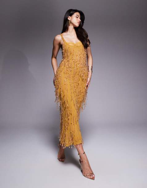 ASOS DESIGN - Robe mi-longue ornementée avec doublure transparente en dentelle - Moutarde - view 1