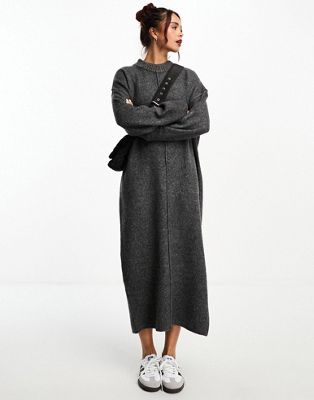 ASOS DESIGN - Robe mi-longue oversize en maille avec col ras de cou et surpiqûres - Anthracite