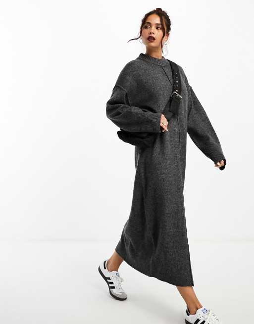 ASOS DESIGN Robe mi longue oversize en maille avec col ras de cou et surpiq res Anthracite