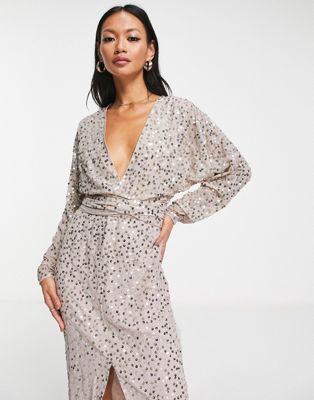 ASOS DESIGN midi dress with batwing sleeve and wrap waist in scatter sequin - ASOS Price Checker