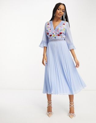 ASOS DESIGN lace insert pleated midi dress with embroidery in pale blue - ASOS Price Checker