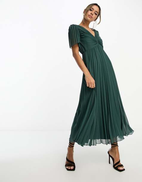 ASOS DESIGN - Robe mi-longue plissée à manches évasées - Vert sapin - view 1